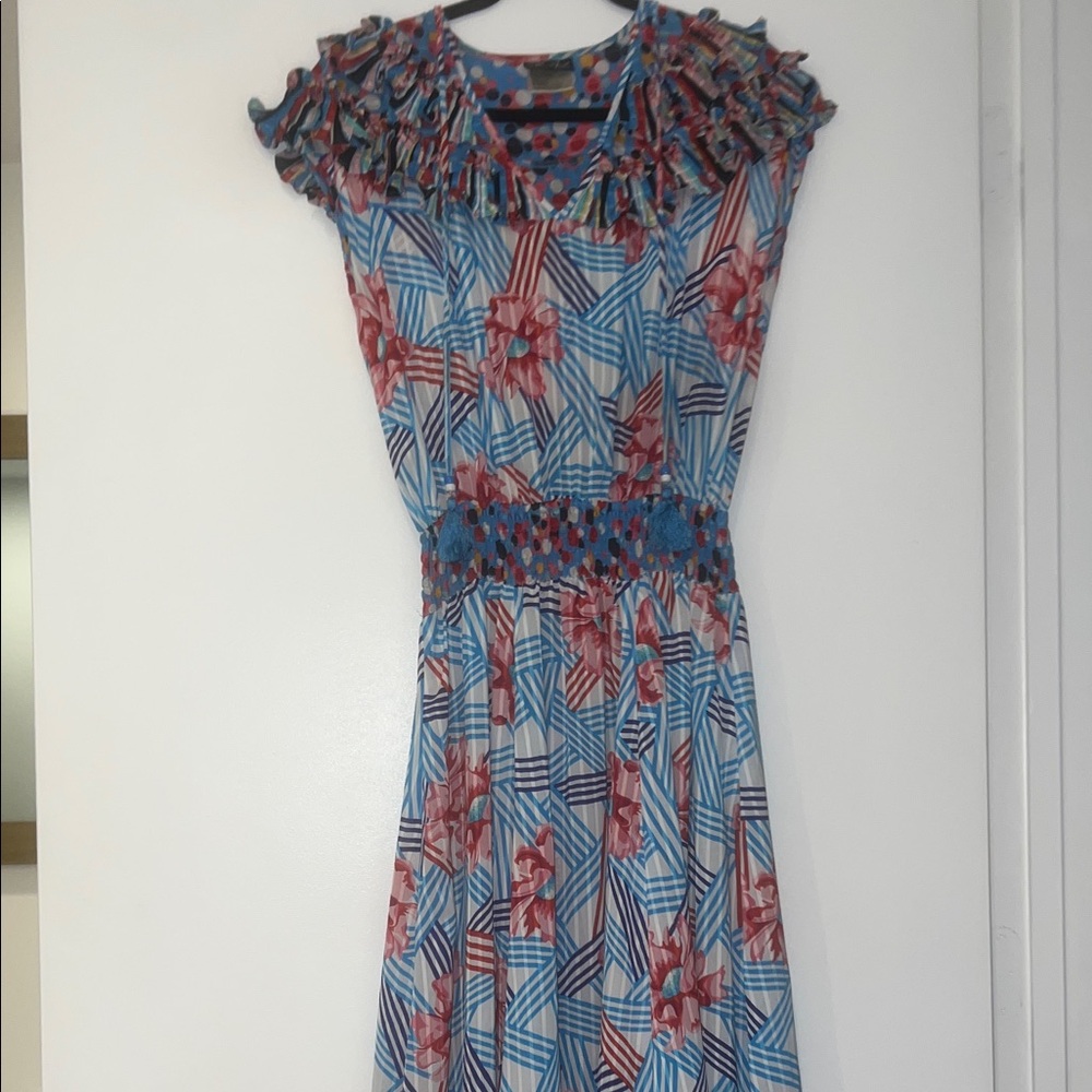 Vintage Diane Freis 80s Floral Chiffon Dress Smocked Waist Ruffle Midi S-M